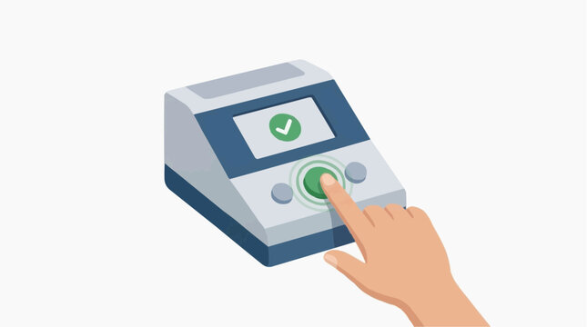 Hand pressing green button on a machine with a checkmark