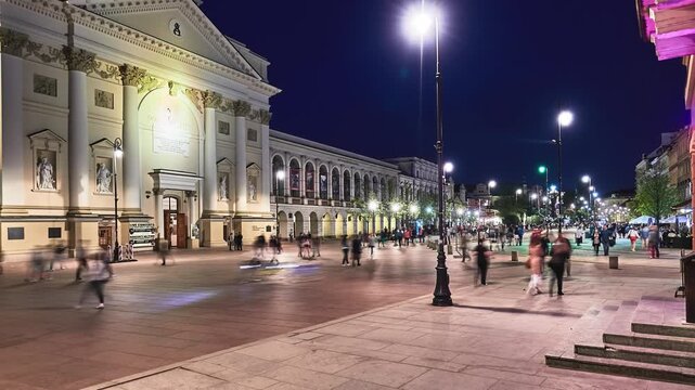 WARSAW, POLAND - APRIL 15 2018: Timelapse St. Anne's Church, adjacent to Castle Square, at Krakowskie Przedmiescie 68. It is church with Neoclassical facade.