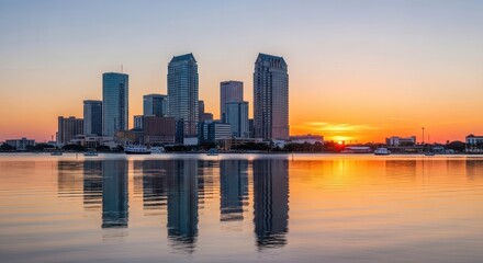 Fototapeta premium Sunrise over the City Skyline Reflecting on the Water.