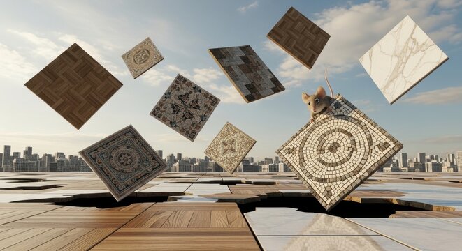 Surreal Floating Tiles Above Cracked Wooden Floor.