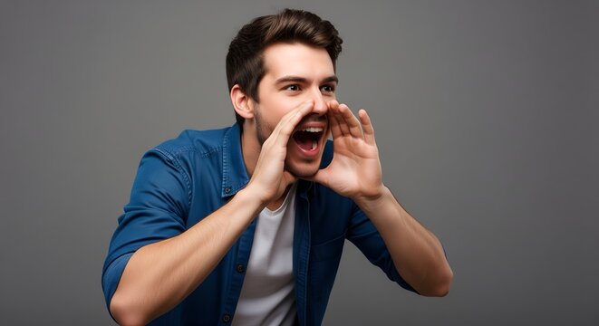 Young man shouting with hands cupped around mouth against grey background
