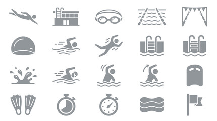 Collection of swimming icons and symbols representing various aspects of aquatic sports and activities. © yuanita
