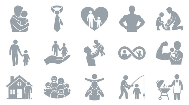 Set of icons representing fatherhood, family, and parental love, including activities like fishing and grilling.