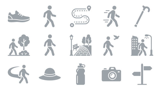 Collection of walking and hiking icons representing various activities and equipment.