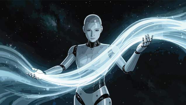 Humanoid robot with glowing blue energy streams emanating from hands.