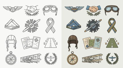 Vintage aviation icons set with airplanes, pilots gear, and travel documents. © renender