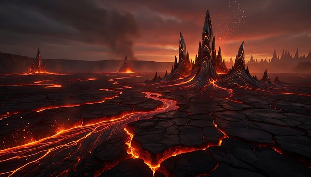 Dark fantasy landscape with a gothic castle surrounded by flowing lava rivers.