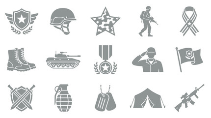 Collection of military icons representing various aspects of armed forces and combat. © yuanita