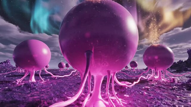 Alien landscape with glowing purple spheres and vivid aurora borealis sky