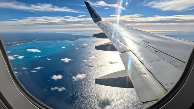 Aerial View from Airplane Window Over Ocean and Clouds.