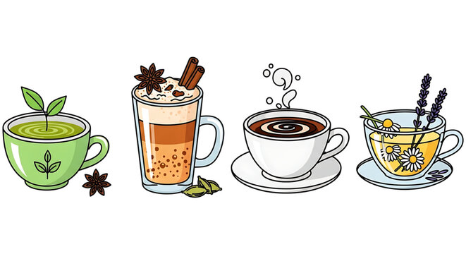 Set of various hot drinks in cups and glasses