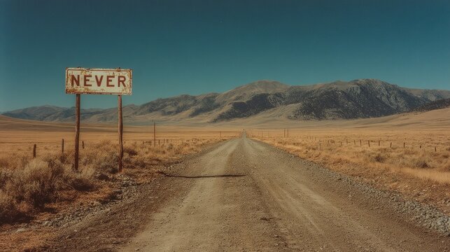 Dirt road with a road sign saying never in the distance