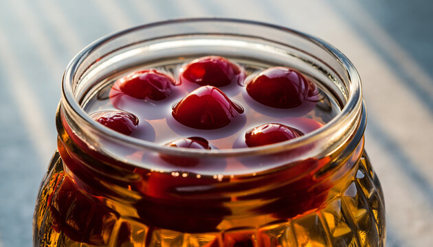 Fresh Berry Jam in Glass Jar with Red Fruits on Top.