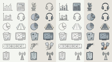 Set of business and finance icons in a hand-drawn style, representing various concepts like data analysis, communication, and technology. © renender