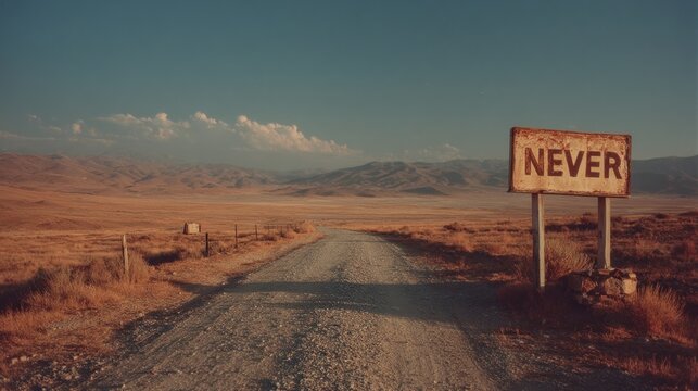 Empty road stretches into the distance with a weathered sign