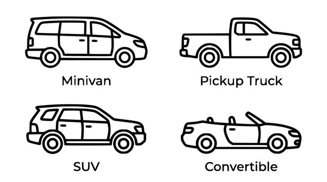 Set of 4 Car Types Icons: Minivan, Pickup Truck, SUV, Convertible
