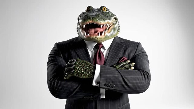 Alligator head and hands on a man in pinstripe suit