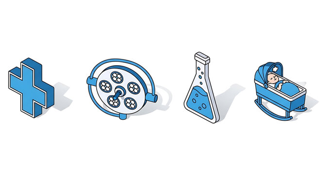 Isometric medical and healthcare icons set with medical cross, surgical light, laboratory flask, and baby bassinet