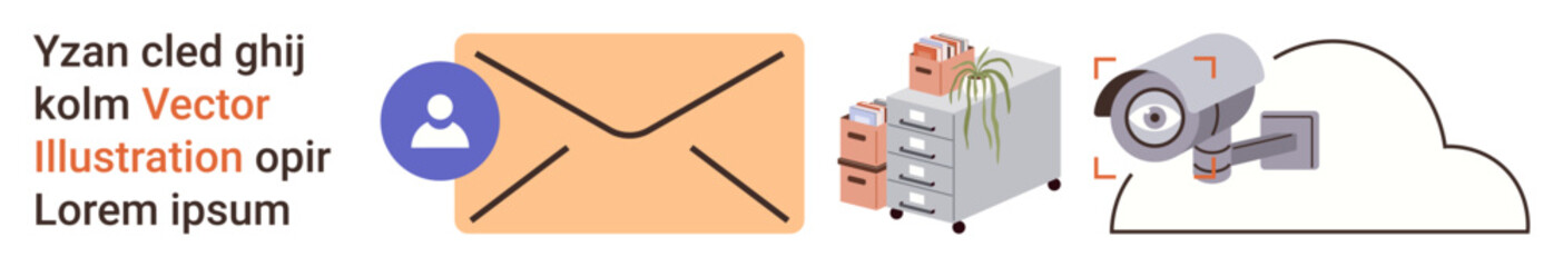 Data security, email communication, cloud storage, surveillance, file management, information exchange. Envelope with user icon, file cabinet camera and cloud. Data security and email communication © robu_s