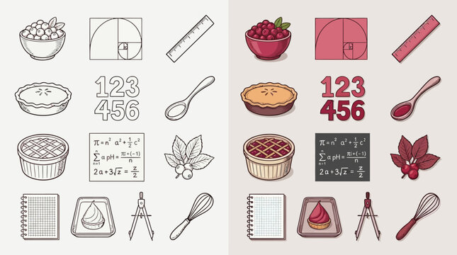 Collection of icons representing baking, mathematics, and cooking tools, presented in both outline and filled styles.