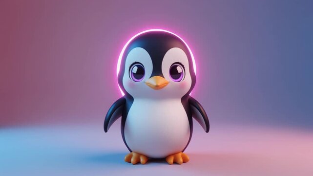Adorable cartoon penguin with glowing neon circle, a cute character illustration in soft pastel lighting