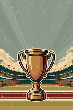 Golden trophy with confetti in the soccer stadium for champion celebration retro style vertical template have blank space.
