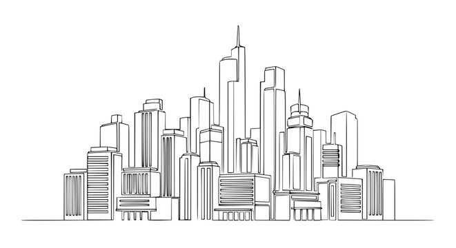Modern Cityscape Sketch: Minimalist Line Art of Tall Buildings and Skyscrapers