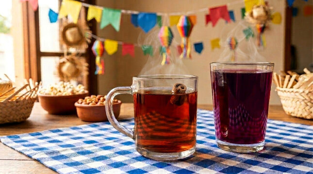 caneca com quent&atilde;o e copo com vinho quente em mesa de festa junina 