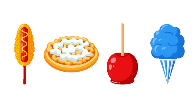 Set of carnival food icons including corn dog, funnel cake, candy apple, and blue cotton candy