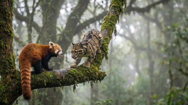 Red panda vs clouded leopard on mossy tree branch, forest confrontation, copy space right side