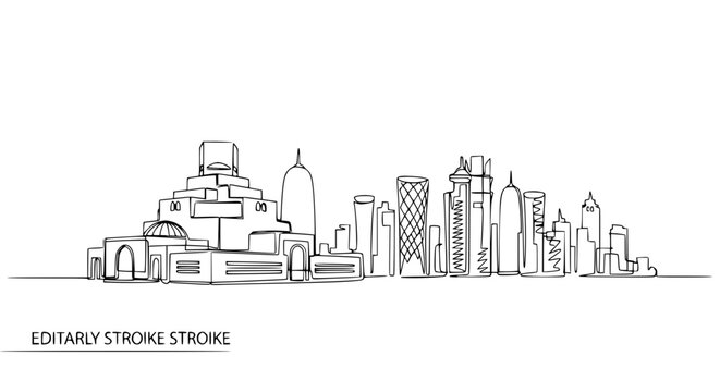 Doha Skyline Sketch: Modern Architecture, Continuous Line Art