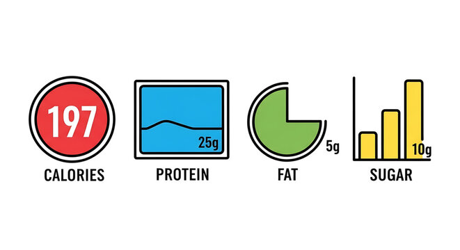 Nutritional information icons set showing calories, protein, fat, and sugar content