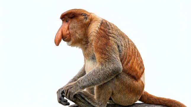 A profile view of a male proboscis monkey sitting on a branch against a white background.