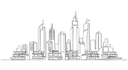 Obraz premium Modern City Skyline, Continuous Line Drawing of Tall Buildings