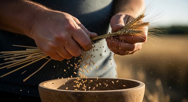 man threshing wheat grains