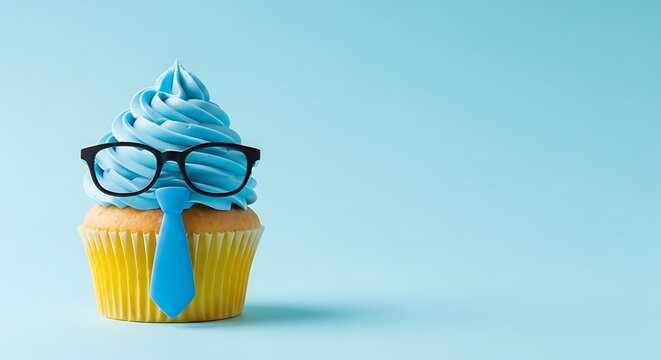 Funny blue cupcake with glasses and tie on light blue background celebrating fatherhood for greeting card or social media post.