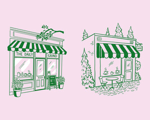 Coffee shop storefront, cafe facade, hand drawn line art, bakery bistro illustration, vintage store, local business, coffee house, shop © Irfan