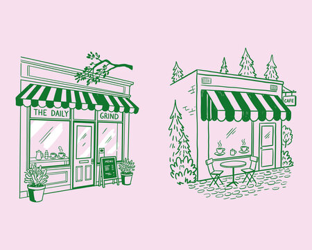 Coffee shop storefront, cafe facade, hand drawn line art, bakery bistro illustration, vintage store, local business, coffee house, shop