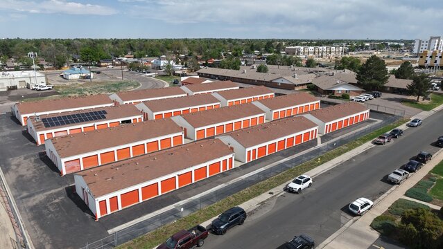 Cluster of storage unit blocks for rent at the center of a local neighborhood