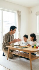 Fototapeta premium A father speaks calmly to his young son and daughter at a table with books. The scene reflects positive discipline and mindful connection. Perfect for content about conscious parenting and education.