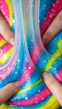 rainbow slime being stretched by hands