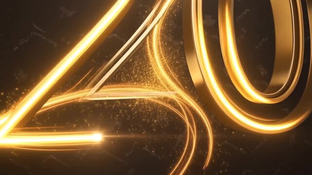 Golden light trails and sparks on dark background celebrating 20th anniversary