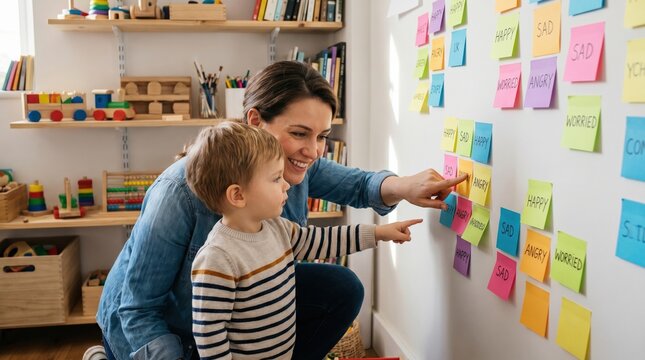 Mother and son point at emotion sticky notes on a wall. This scene illustrates gentle parenting and emotional intelligence development in a calm home environment. Ideal for parenting blogs.
