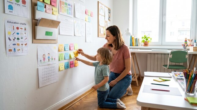 A mother and son explore emotions using colorful sticky notes on a wall. The scene shows gentle parenting and emotional intelligence development. Ideal for family and educational blog posts.