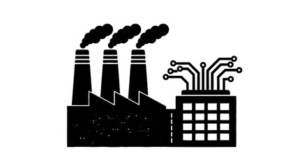Obraz premium Minimal black silhouette icon, simple flat vector, bold black shape, no, no shading industrial factory icon with smoke stacks and circuit board technology on a, flat icon style