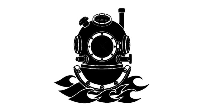 Minimal black silhouette icon, simple flat vector, bold black shape, no, no shading vintage deep sea diving helmet icon with stylized ocean waves on a, flat icon style