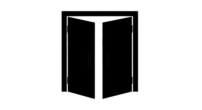Minimal black silhouette icon, simple flat vector, bold black shape, no, no shading black silhouette of double doors slightly open on a on a, flat icon style