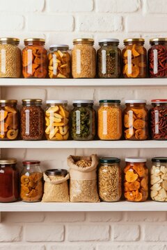 Various non-perishable foods are stored in glass jars and bags on pantry shelves. Items include grains legumes dried fruit spices and preserved vegetables. This food reserve is organized neatly.
