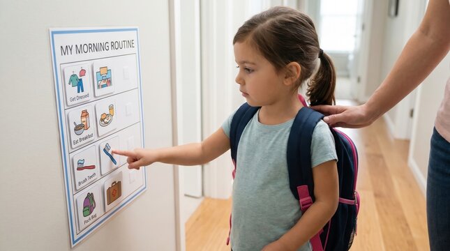Little girl points at visual schedule chart while mother supports her. Scene illustrates mindful parenting and building independence. Ideal for child development and educational content.