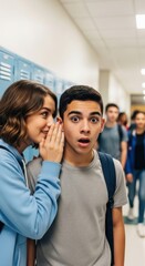 Obraz premium Teenage Girl Whispering a Shocking Secret to a Male Classmate in a School Hallway.